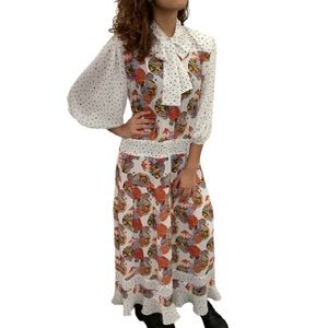 Vintage 70s Boho Maxi Dress Polka Dot Bishop Sleeves Bow Tie Neck (see sizing)